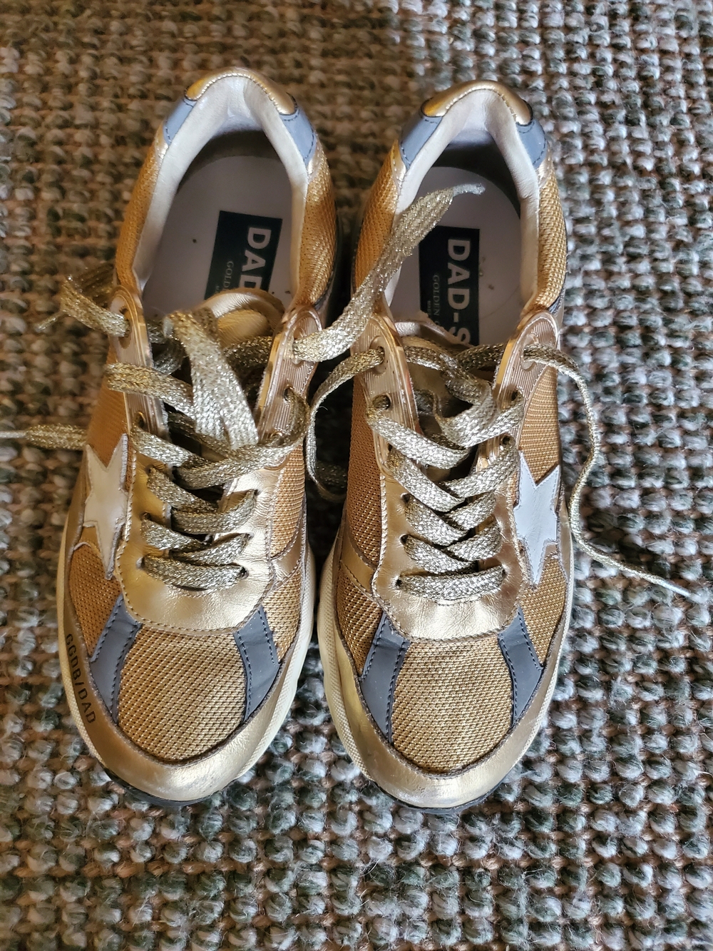Golden Goose Gold and White Running Dad-Star Sneakers